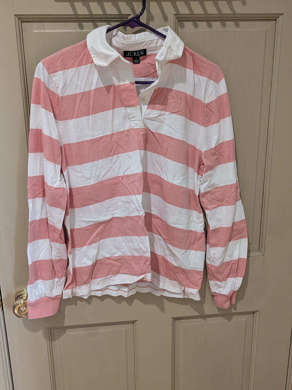 J. Crew Pink and White Striped Rugby Polo - S